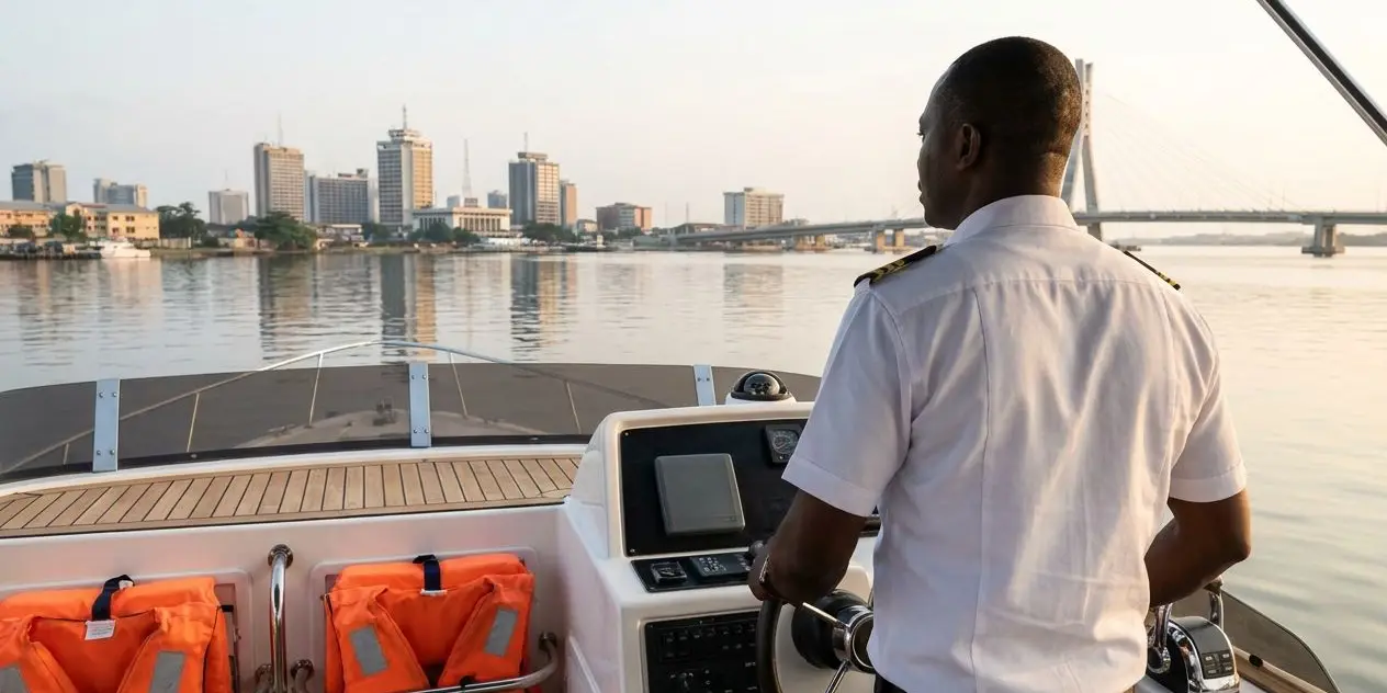 Illustration: a captain at the helm of a motor yacht on Lagos Lagoon, life jackets stowed beside him