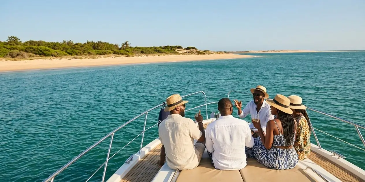 Illustration: friends relaxing on the foredeck of a yacht off a Lagos beach